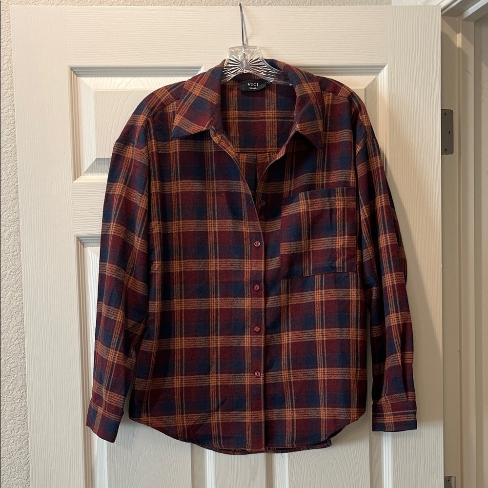 Vici Navy and Rust Plaid Shirt